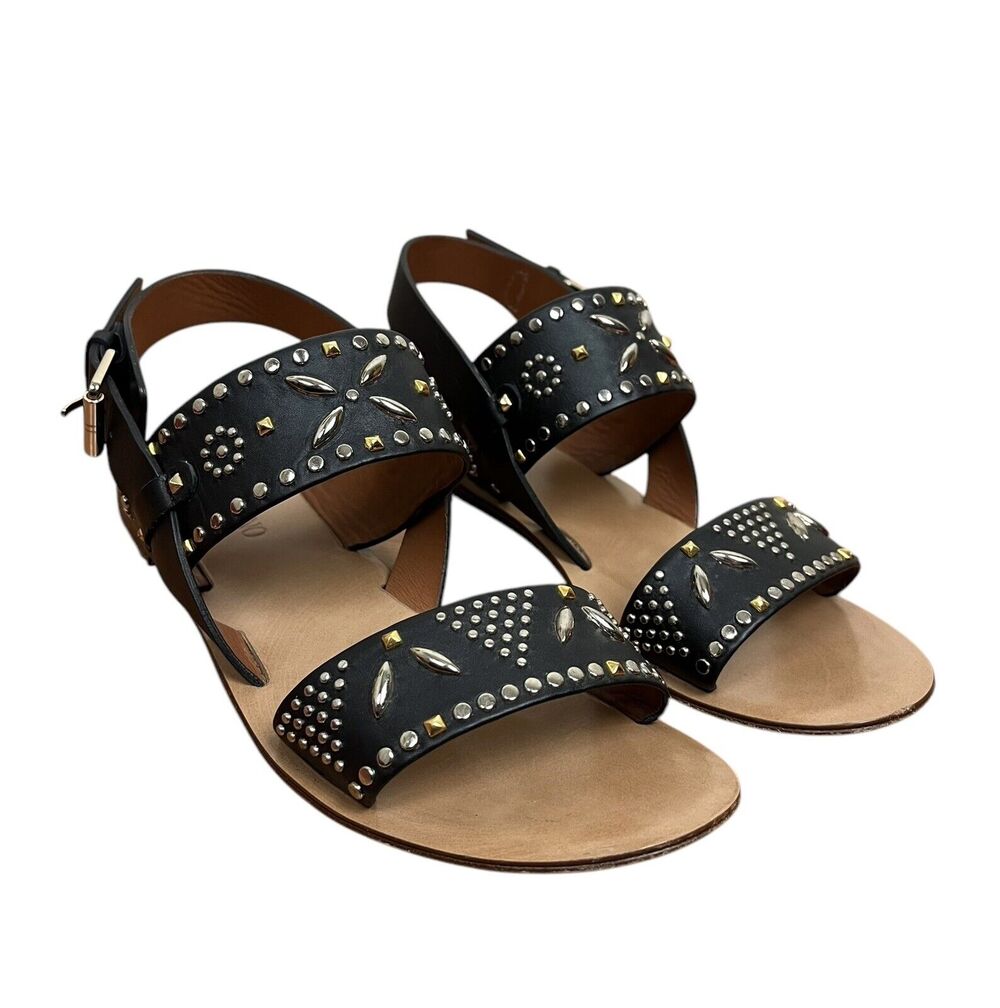 Valentino Garavani Studded Flat Sandals Black Suede Resort Vacation Size 37.5